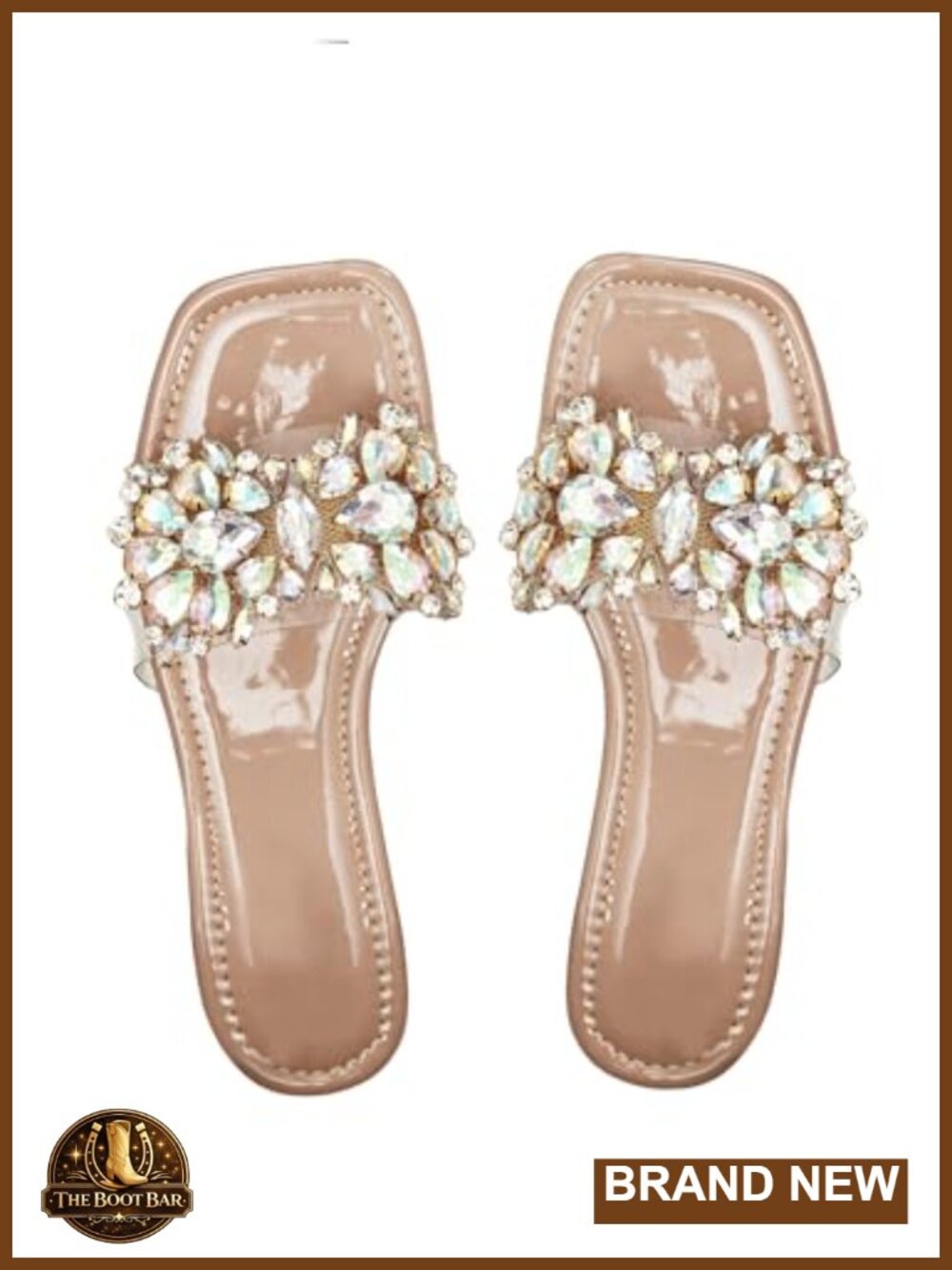 Rhinestone Clear Flat Sandals Square Toe Slides Sparkle Transparent Sandals